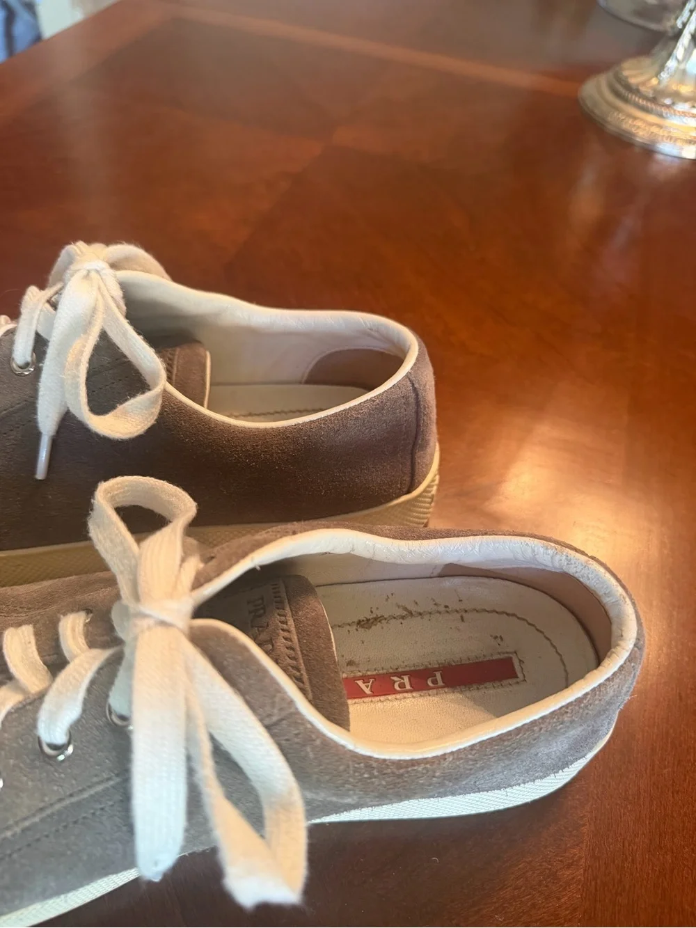 Prada Gray Suede Low-Top Sneakers with White Accents